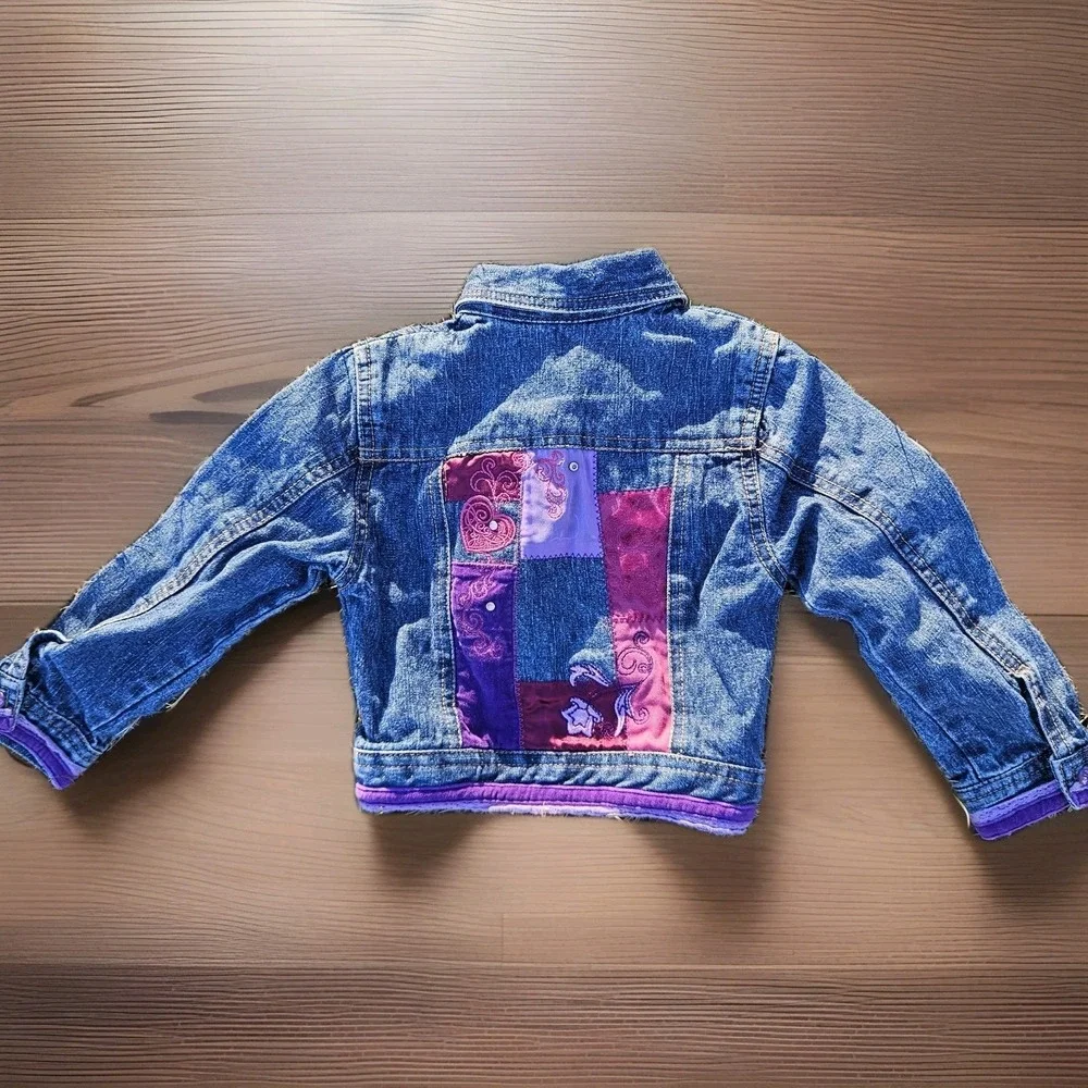 Vintage Y2K Mary‎ Kate Ashley Denim Patchwork Embroidered Girls Jacket Velvet 4t
